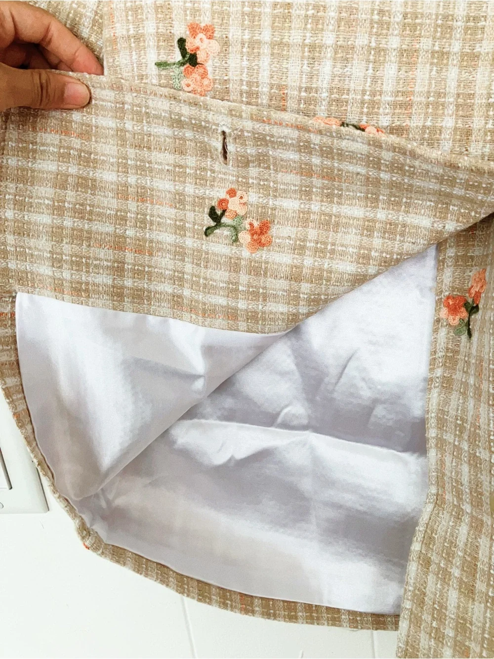 Girls Plaid Coat with Pleated Collar and Floral Embroidery